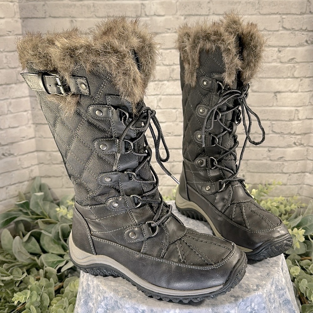 Global Win - Dark Gray Vinyl Fur Collared Lace-up Tall Snowboots WMS 6M❄️GUC